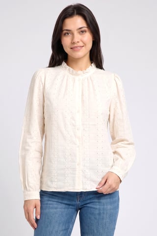 Women Ruffle Neck Long Sleeve Embroidered Blouse, Cream