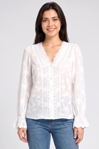 Women V-Neck Long Sleeve Embroidered Blouse, White
