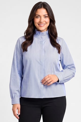 Women High Neck Long Sleeve Stripe Shirt, Light Blue