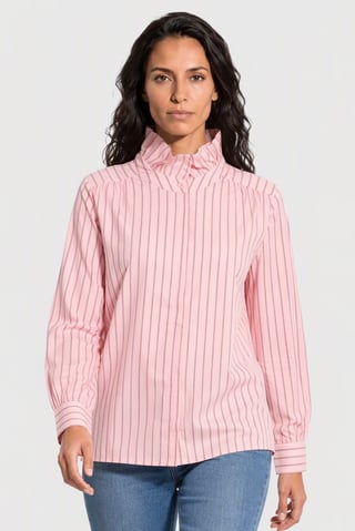 Women High Neck Long Sleeve Stripe Shirt, Pink
