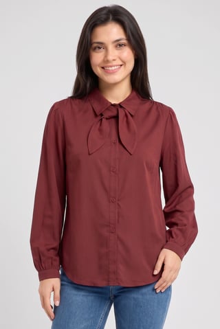 Women Tie Neckline Long Sleeve Solid Shirt, Maroon