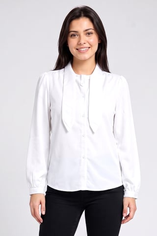 Women Pointed Collar Long Sleeve Solid Blouse, White