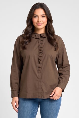 Women Ruffle Neck Long Sleeve Solid Blouse, Brown