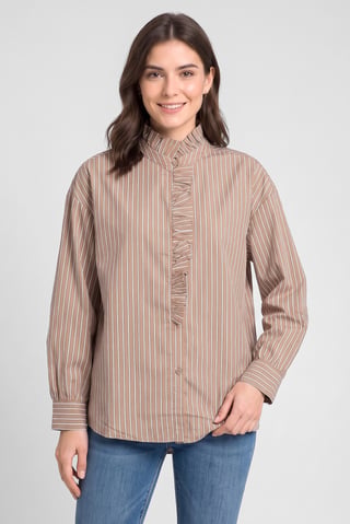 Women High Neck Long Sleeve Stripe Shirt, Multicolor