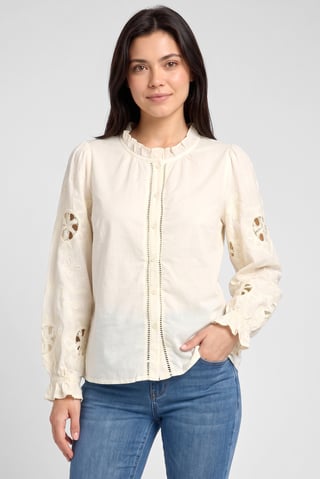 Women Ruffle Neck Long Sleeve Embroidered Shirt, Cream