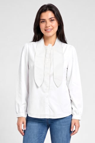 Women Tie Neck Plain Long Sleeve Shirt, White