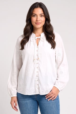 Women Tie Neckline Long Sleeve Embroidered Shirt, White