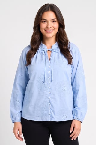 Women Tie Neckline Long Sleeve Embroidered Shirt, Light Blue