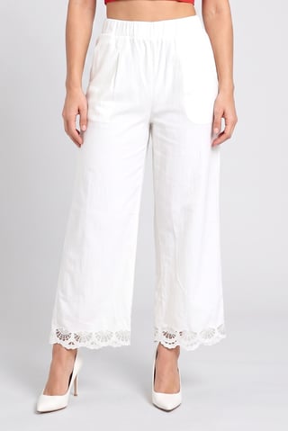 Women Regular Fit Solid Wide Leg Pant, White