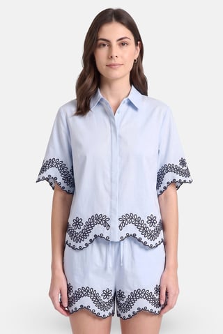 Women 2 Pcs Eyelet Short Sleeve Shirt And Shorts Set, Blue
