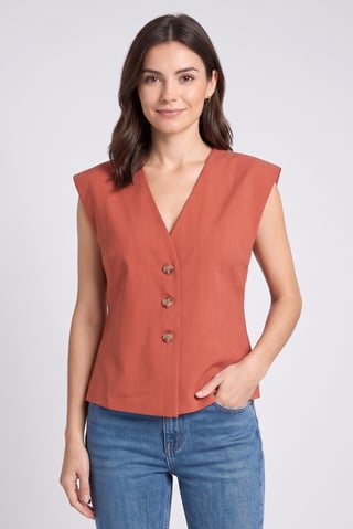 Women V-Neck Cap Sleeve Plain Top, Rust