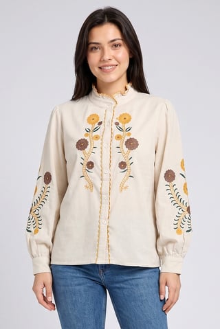 Women Ruffle Neck Embroidered Long Sleeve Shirt, Beige