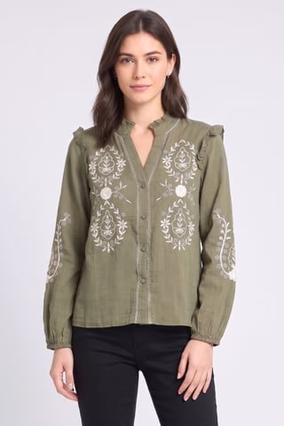 Women V-Neck Embroidered Long Sleeve Blouse, Olive