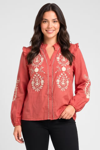 Women Ruffle Neck Long Sleeve Embroidered Shirt, Maroon