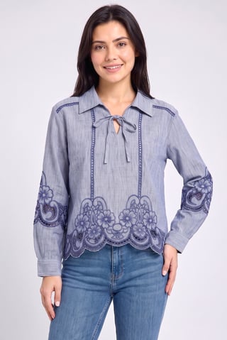 Women Spread Collar Long Sleeve Embroidered Shirt, Heather Blue