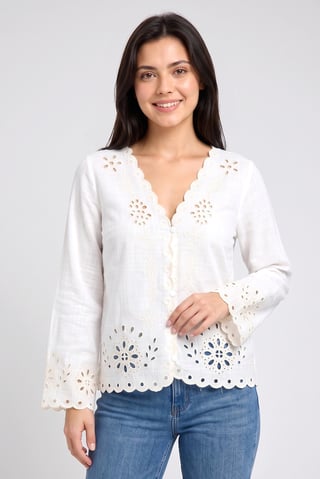 Women V-Neck Long Sleeve Embroidered Blouse, White