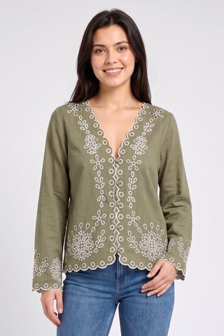 Women V-Neck Embroidered Long Sleeve Blouse, Olive