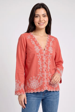 Women V-Neck Long Sleeve Embroidered Top, Brown