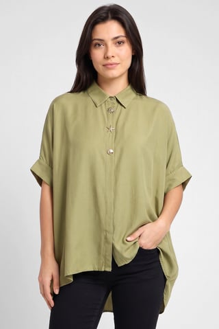 Women Spread Collar Solid Long Sleeve Shirt, Olive