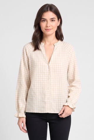 Women V-Neck Long Sleeve Checkered Shirt, Multicolor