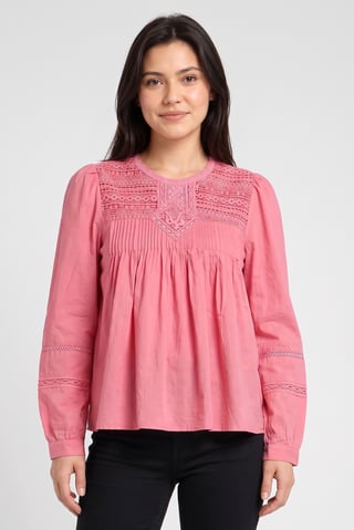 Women Crew Neck Long Sleeve Textured Top, Pink