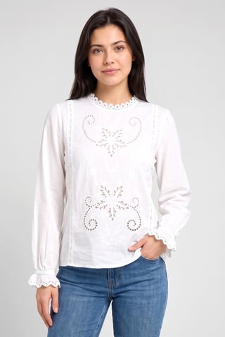 Women Ruffle Neck Long Sleeve Eyelet Blouse, White