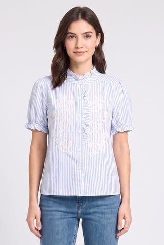Women Band Collar Short Sleeve Embroidered Blouse,Multicolor