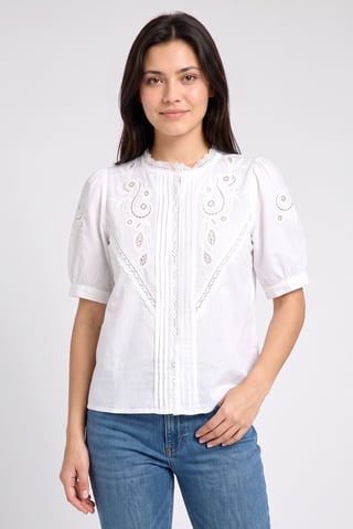 Women Round Neck Short Sleeve Embroidered Top, White