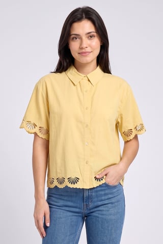 Women Spread Collar Short Sleeve Embroidered Blouse, Yellow