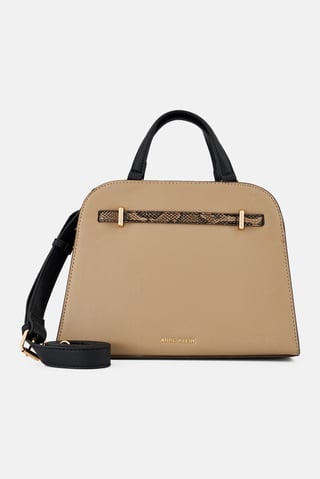 Women Brand Logo Satchel Bag, Taupe