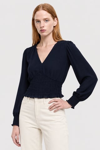 Women V-Neck Long Sleeve Textured Top, Navy