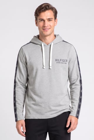 Men Brand Logo Long Sleeve Hooded Sleepwear, Grey