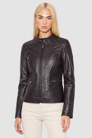 Women Solid Motorcycle Jacket, Chocolate Brown