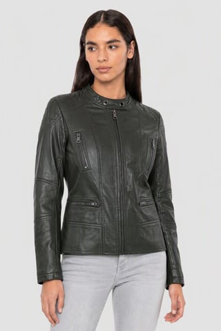 Women Plain Motorcycle Jacket, Dark Green