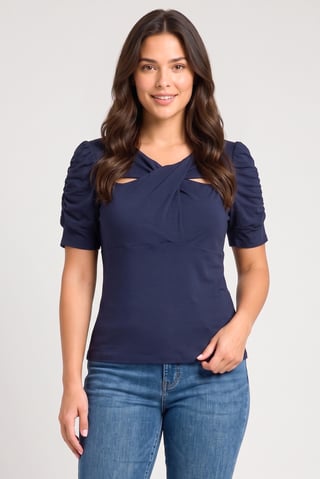 Women Twist Neck Plain Short Sleeve Top, Navy