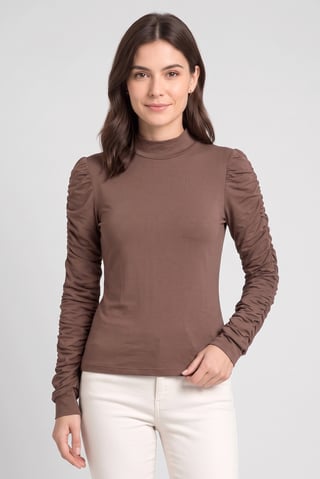 Women Mock Neck Long Sleeve Solid Top, Brown