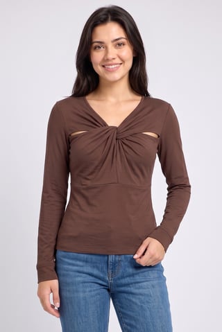 Women V Neck Long Sleeve Plain Top, Chocolate