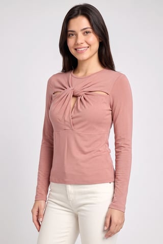 Women Twist Neck Long Sleeve Solid Top, Old Rose