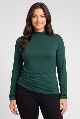 Women Mock Neck Long Sleeve Solid Top, Dark Green