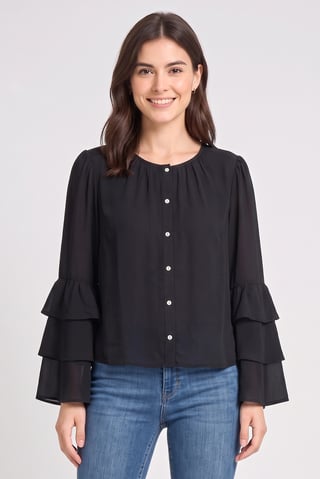 Women Round Neck Long Sleeve Plain Blouse, Black