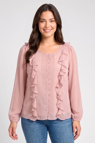 Women Round Neck Long Sleeve Textured Blouse, Blush Pink