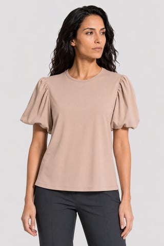Women Crew Neck Bubble Sleeve Plain Blouse, Light Tan