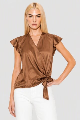 Women Split Neck Cap Sleeve Plain Blouse, Brown