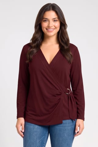 Lauren By Ralph Lauren Women Surplice Neck Long Sleeve Plain Blouse, Dark Maroon