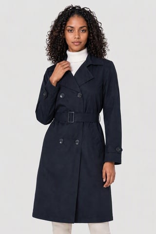 Women Plain Bleted Trench Coat, Dark Navy