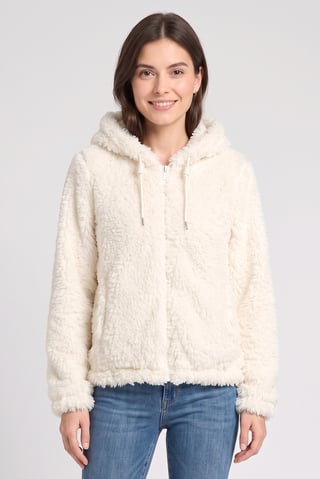 Women Textured Sherpa Jacket, Ivory