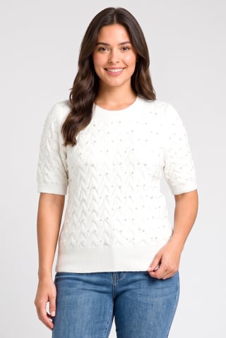 Women Crew Neck Textured Sweater, White