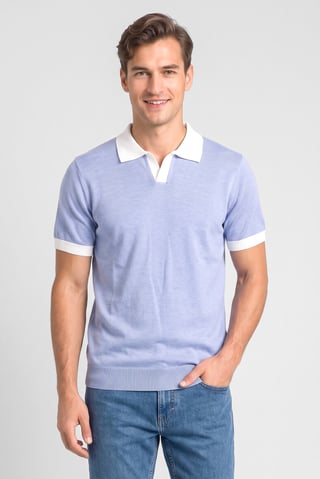Men Spread Collar Textured Short Sleeve Polo Shirt, Sky Blue