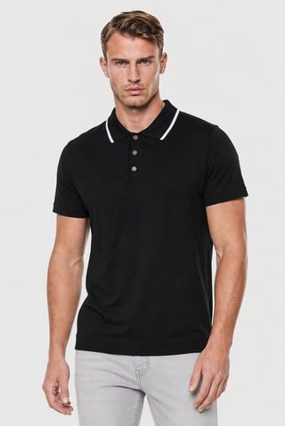 Men Spread Collar Short Sleeve Solid Polo, Black