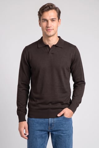 Men Spread Collar Textured Polo Shirt, Dark Brown